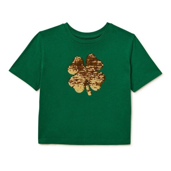 St. Patrick's Day Kids Short Sleeve Sequin Four Leaf Clover T Shirt L (10-12) - Picture 1 of 5